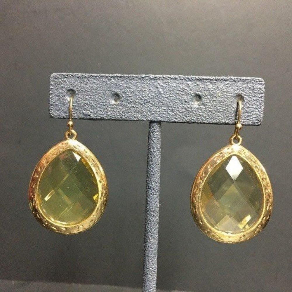 Dangle Pierced Earrings Faceted Yellow Teardrop Amber Gold Retro Boho Soft Girl